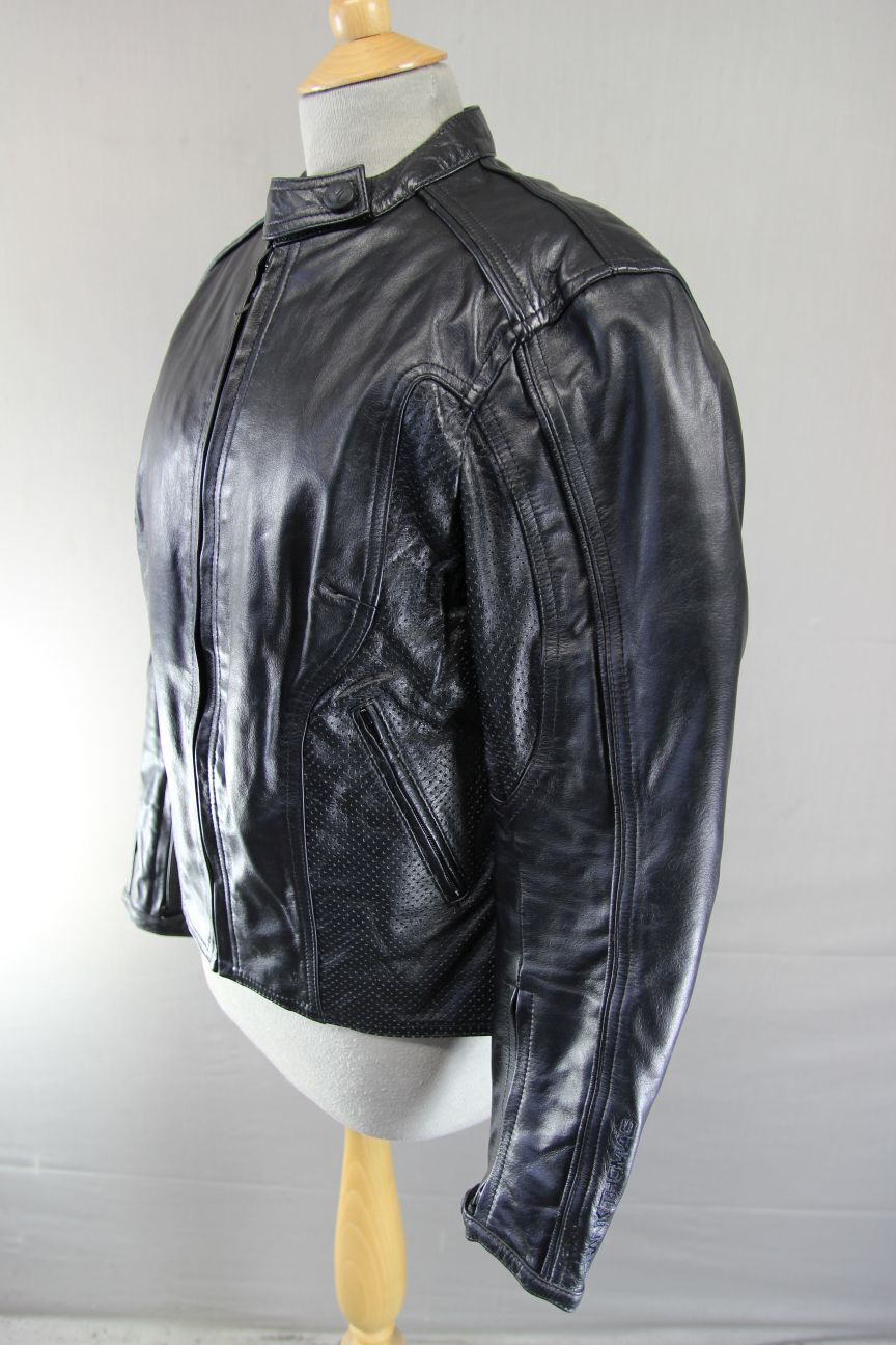FRANK THOMAS LADY RIDER BLACK LEATHER BIKER JACKET WITH THERMAL LINING: SIZE 14