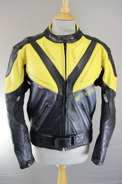 RICHA BLACK, YELLOW & SILVER LEATHER BIKER JACKET WITH CE ARMOUR: SIZE 12