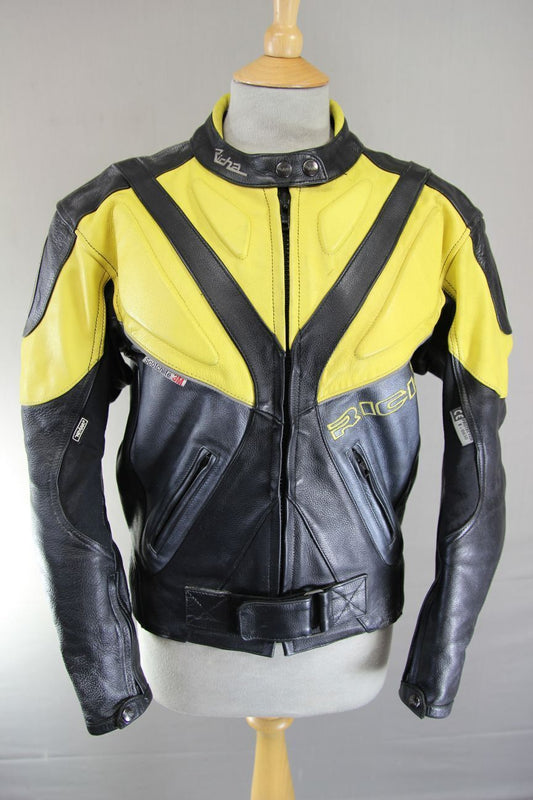 RICHA BLACK, YELLOW & SILVER LEATHER BIKER JACKET WITH CE ARMOUR: SIZE 12