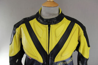 RICHA BLACK, YELLOW & SILVER LEATHER BIKER JACKET WITH CE ARMOUR: SIZE 12