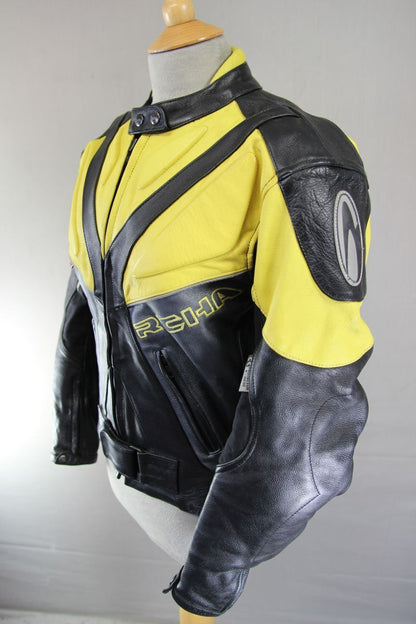 RICHA BLACK, YELLOW & SILVER LEATHER BIKER JACKET WITH CE ARMOUR: SIZE 12