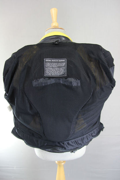 RICHA BLACK, YELLOW & SILVER LEATHER BIKER JACKET WITH CE ARMOUR: SIZE 12
