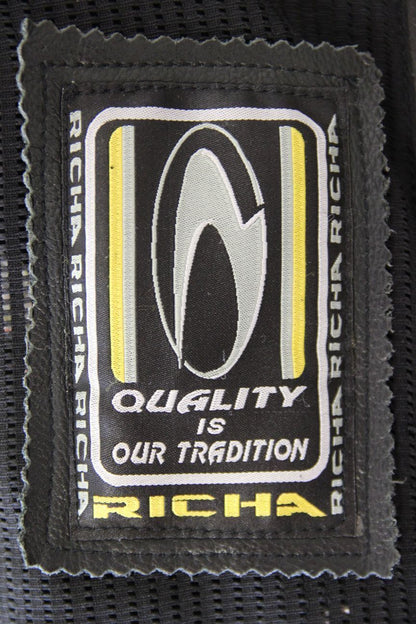 RICHA BLACK, YELLOW & SILVER LEATHER BIKER JACKET WITH CE ARMOUR: SIZE 12