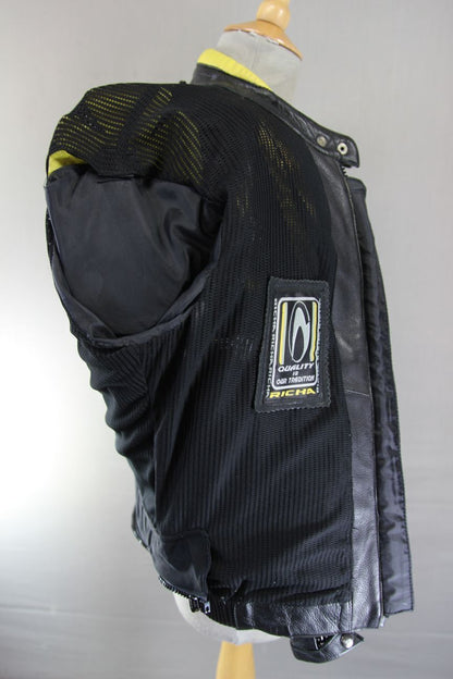 RICHA BLACK, YELLOW & SILVER LEATHER BIKER JACKET WITH CE ARMOUR: SIZE 12