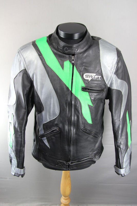 SWIFT INNOVATION BLACK, SILVER & GREEN LEATHER BIKER JACKET WITH ARMOUR 42 INCH