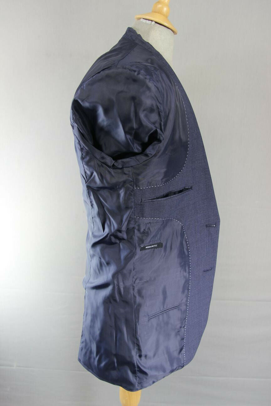 BRAND NEW DARK BLUE/NAVY CHECKED JACKET: 36 INCH CHEST (LONG FIT)