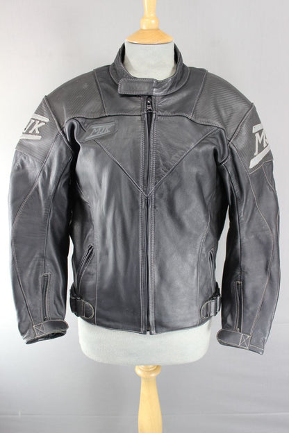 MJK BLACK LEATHER BIKER JACKET + REMOVABLE BACK, SHOULDER & ELBOW PROTECTORS 38"