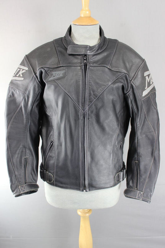 MJK BLACK LEATHER BIKER JACKET + REMOVABLE BACK, SHOULDER & ELBOW PROTECTORS 38"