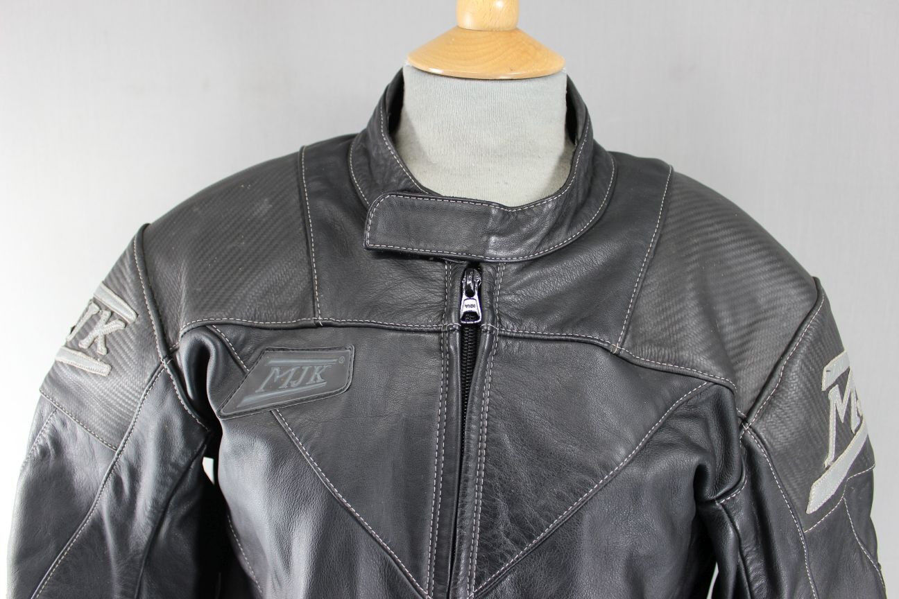 MJK BLACK LEATHER BIKER JACKET + REMOVABLE BACK, SHOULDER & ELBOW PROTECTORS 38"