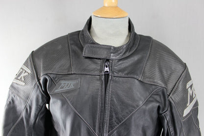 MJK BLACK LEATHER BIKER JACKET + REMOVABLE BACK, SHOULDER & ELBOW PROTECTORS 38"