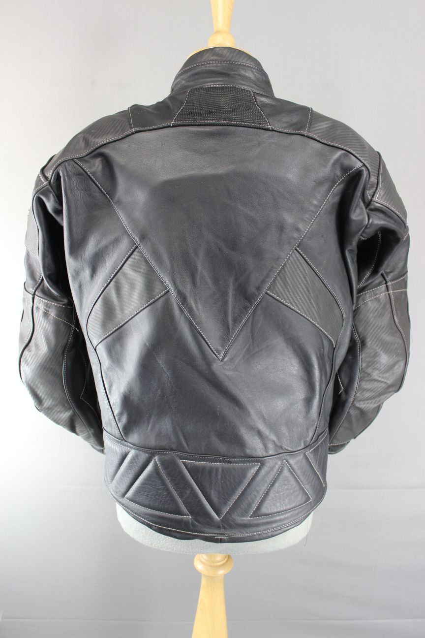MJK BLACK LEATHER BIKER JACKET + REMOVABLE BACK, SHOULDER & ELBOW PROTECTORS 38"