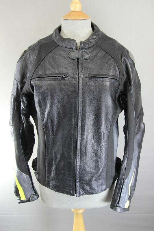 EVIRON BLACK, SILVER & YELLOW LEATHER BIKER JACKET WITH RACE HUMP 36"EXTRA SMALL