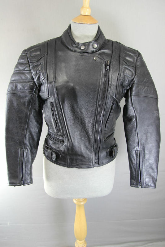 EURO STYLE CLASSIC BLACK LEATHER BIKER JACKET: SIZE 10
