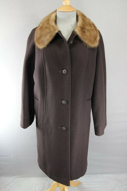 VINTAGE 80's BRITISH MADE DARK BROWN EASTEX PURE WOOL MINK COLLARED COAT 38 INCH