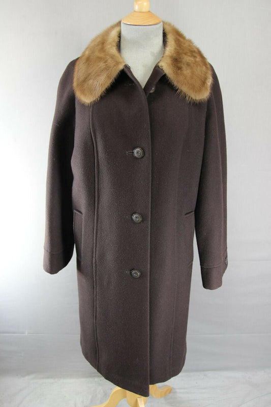 VINTAGE 80's BRITISH MADE DARK BROWN EASTEX PURE WOOL MINK COLLARED COAT 38 INCH