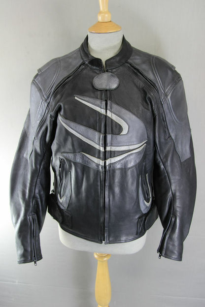J&S BLACK & SILVER LEATHER BIKER JACKET WITH BACK PROTECTOR & THERMAL LINING 40"