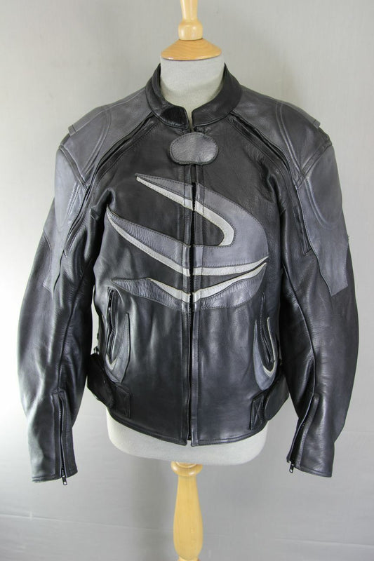 J&S BLACK & SILVER LEATHER BIKER JACKET WITH BACK PROTECTOR & THERMAL LINING 40"