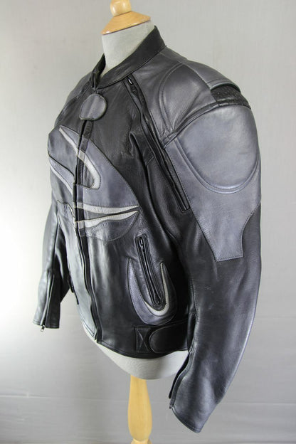 J&S BLACK & SILVER LEATHER BIKER JACKET WITH BACK PROTECTOR & THERMAL LINING 40"