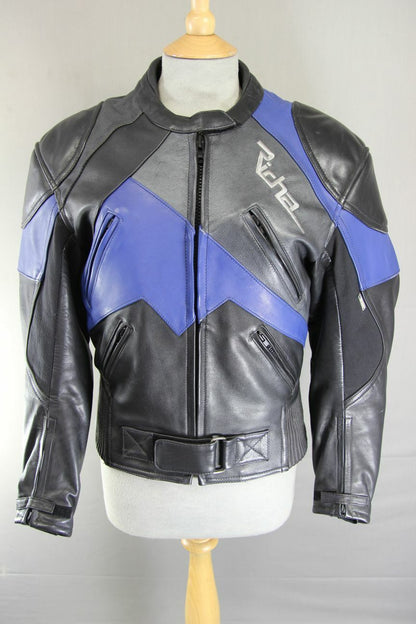 RICHA BLACK, BLUE & SILVER LEATHER BIKER JACKET+CE ARMOUR/THERMAL LINING:SIZE 10