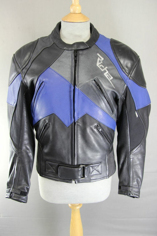 RICHA BLACK, BLUE & SILVER LEATHER BIKER JACKET+CE ARMOUR/THERMAL LINING:SIZE 10