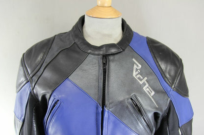 RICHA BLACK, BLUE & SILVER LEATHER BIKER JACKET+CE ARMOUR/THERMAL LINING:SIZE 10