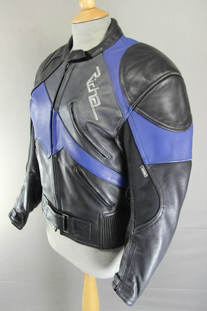 RICHA BLACK, BLUE & SILVER LEATHER BIKER JACKET+CE ARMOUR/THERMAL LINING:SIZE 10