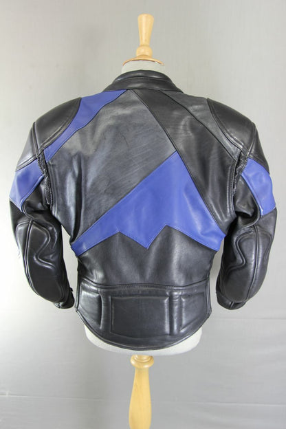 RICHA BLACK, BLUE & SILVER LEATHER BIKER JACKET+CE ARMOUR/THERMAL LINING:SIZE 10