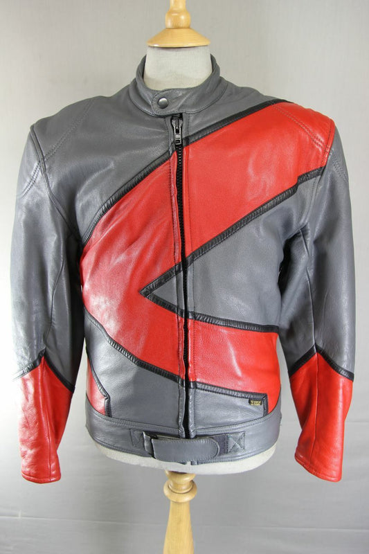CLASSIC GREY, RED & BLACK LEATHER BIKER JACKET 40 INCH