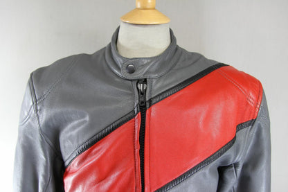 CLASSIC GREY, RED & BLACK LEATHER BIKER JACKET 40 INCH