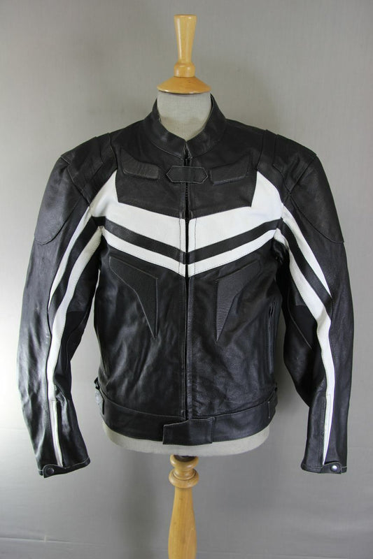 BLACK & WHITE LEATHER BIKER JACKET 38 INCH