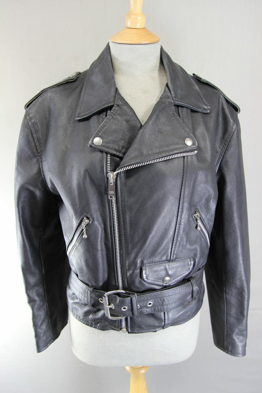 VINTAGE 70s/80s PUNK ROCK BRITISH MADE GENEL LONDON BLACK LEATHER BIKER JCKT 34"