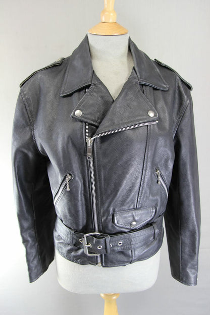 VINTAGE 70s/80s PUNK ROCK BRITISH MADE GENEL LONDON BLACK LEATHER BIKER JCKT 34"