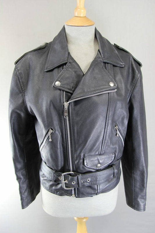 VINTAGE 70s/80s PUNK ROCK BRITISH MADE GENEL LONDON BLACK LEATHER BIKER JCKT 34"