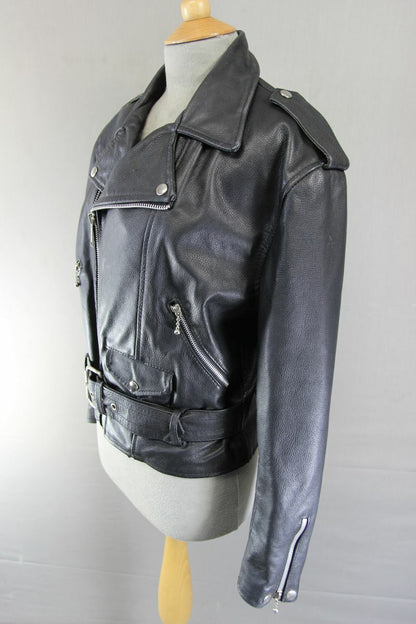VINTAGE 70s/80s PUNK ROCK BRITISH MADE GENEL LONDON BLACK LEATHER BIKER JCKT 34"