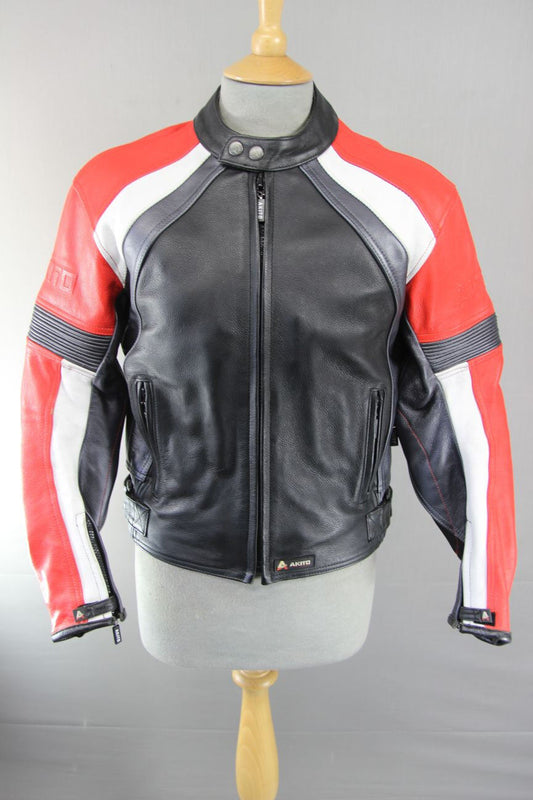 AKITO CONCEPTWEAR LEATHER BIKER JACKET + SHOULDER & ELBOW CE PROTECTORS SIZE 10