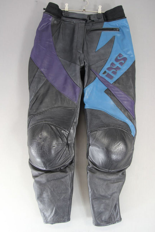 IXS BLACK, SILVER, BLUE & PURPLE LEATHER BIKER TROUSERS WAIST 32"/INSIDE LEG 27"