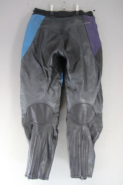 IXS BLACK, SILVER, BLUE & PURPLE LEATHER BIKER TROUSERS WAIST 32"/INSIDE LEG 27"