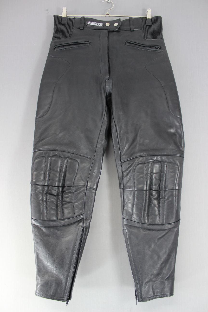 ASHMAN BLACK COWHIDE LEATHER BIKER TROUSERS SIZE 14 - WAIST 30IN/INSIDE LEG 27IN