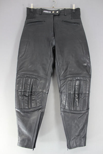 ASHMAN BLACK COWHIDE LEATHER BIKER TROUSERS SIZE 14 - WAIST 30IN/INSIDE LEG 27IN