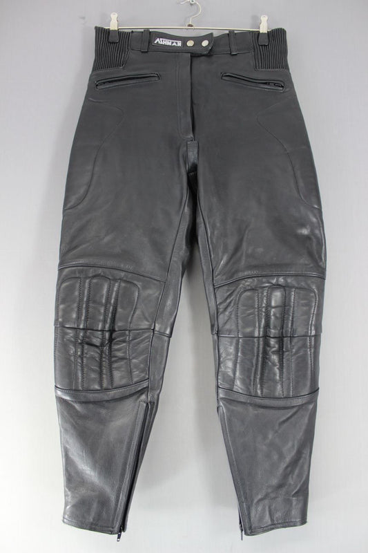ASHMAN BLACK COWHIDE LEATHER BIKER TROUSERS SIZE 14 - WAIST 30IN/INSIDE LEG 27IN