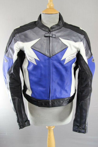 ASHMAN GREY, BLUE, BLACK & WHITE COWHIDE LEATHER BIKER JACKET + CE ARMOUR 40 IN