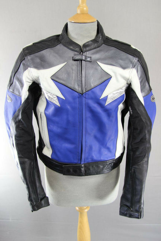 ASHMAN GREY, BLUE, BLACK & WHITE COWHIDE LEATHER BIKER JACKET + CE ARMOUR 40 IN
