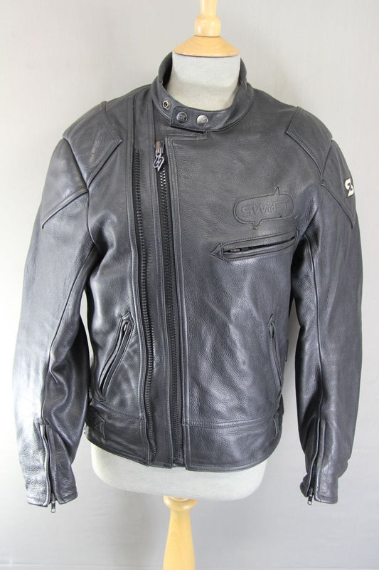 SWIFT INNOVATION BLACK LEATHER BIKER JACKET + BACK PROTECTOR/THERMAL LINING 38"