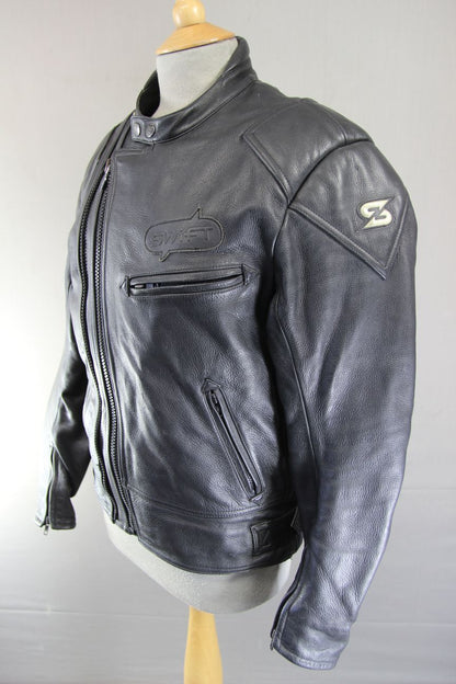 SWIFT INNOVATION BLACK LEATHER BIKER JACKET + BACK PROTECTOR/THERMAL LINING 38"