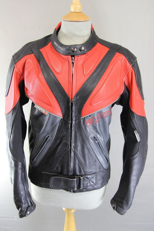 RICHA BLACK, RED & SILVER LEATHER BIKER JACKET WITH REMOVABLE CE ARMOUR: SIZE 14