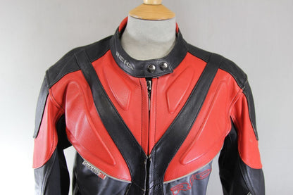 RICHA BLACK, RED & SILVER LEATHER BIKER JACKET WITH REMOVABLE CE ARMOUR: SIZE 14