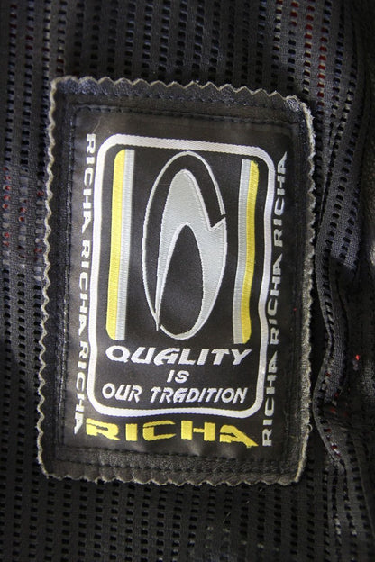 RICHA BLACK, RED & SILVER LEATHER BIKER JACKET WITH REMOVABLE CE ARMOUR: SIZE 14