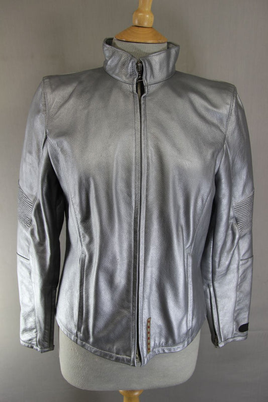 SUPERB CORNER SILVER LEATHER BIKER JACKET 34 INCH
