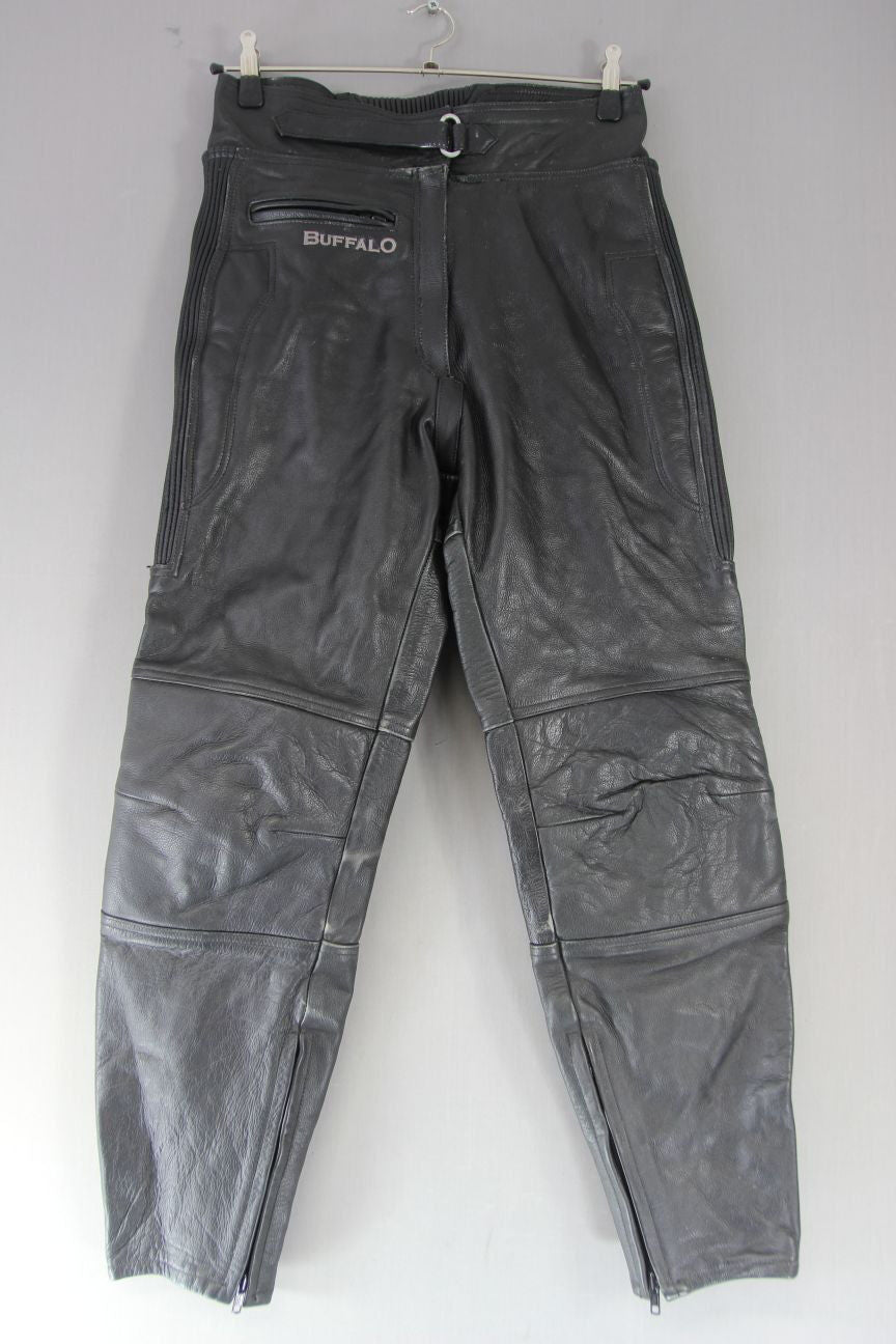 BUFFALO BLACK LEATHER BIKER TROUSERS SIZE 16: WAIST 32 INCH/INSIDE LEG 29 INCH