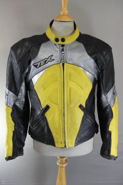 TEXPORT BLACK, YELLOW & SILVER LEATHER BIKER JACKET + ARMOUR/THERMAL LINING 42IN